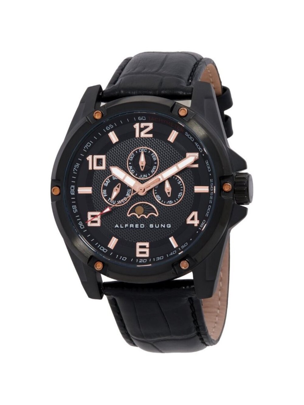 NWT Alfred Sung Astral Quartz Moon Phase Black Dial Men's Watch